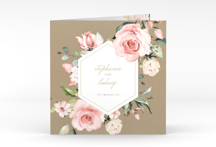 Hochzeitseinladung Graceful quadr. Klappkarte Kraftpapier hochglanz mit Rosenblüten in Rosa und Weiß