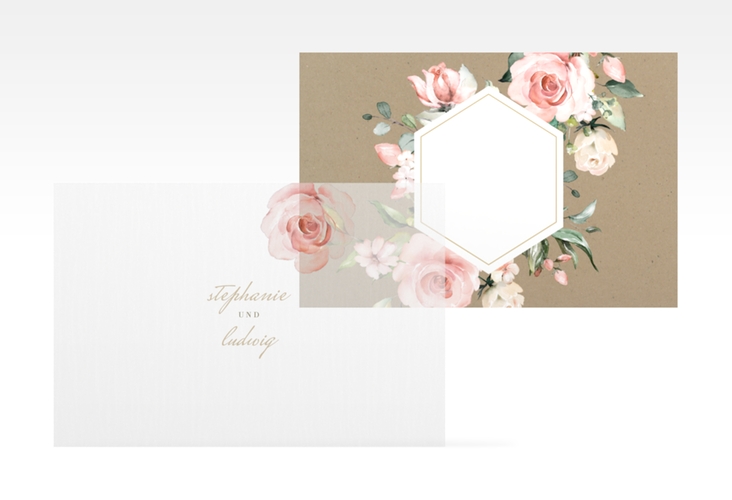 Save the Date Deckblatt Transparent Graceful A6 Deckblatt transparent Kraftpapier mit Rosenblüten in Rosa und Weiß