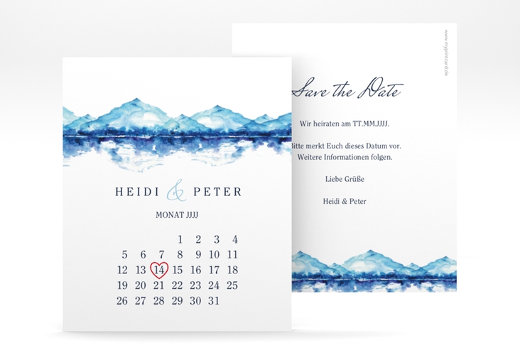 Save the Date-Kalenderblatt Bergliebe Kalenderblatt-Karte blau mit Gebirgspanorama für Berghochzeit