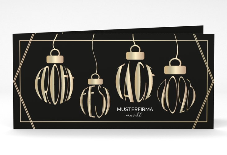 Geschäftliche Weihnachtskarte Goldkugel lange Klappkarte quer schwarz hochglanz