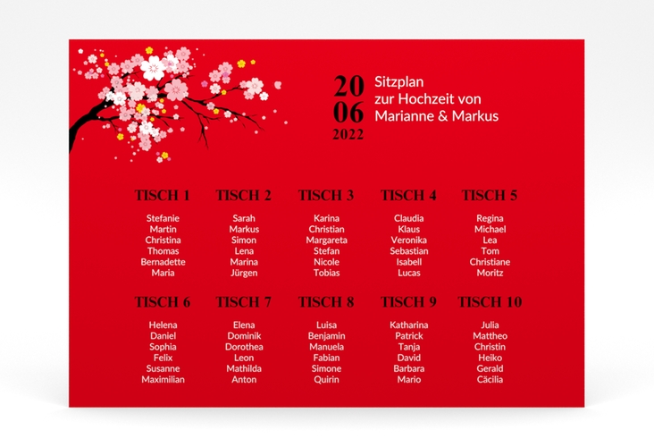 Sitzplan Poster Hochzeit Sakura 70 x 50 cm Poster rot