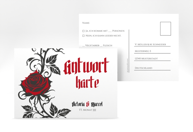 Antwortkarte Hochzeit Red Rose A6 Postkarte weiss
