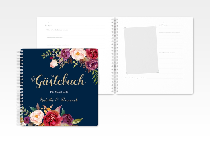 Gästebuch Hochzeit Flowers Ringbindung blau mit bunten Aquarell-Blumen