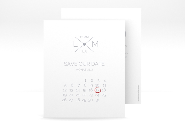 Save the Date-Kalenderblatt Initials Kalenderblatt-Karte grau hochglanz mit Initialen im minimalistischen Design
