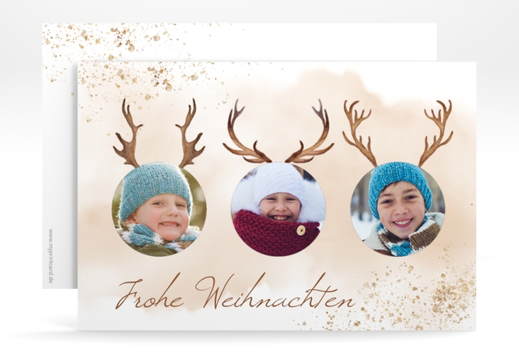 Weihnachtskarte Rentierbande A6 Karte quer beige für Weihnachtsgrüße mit Familienfoto
