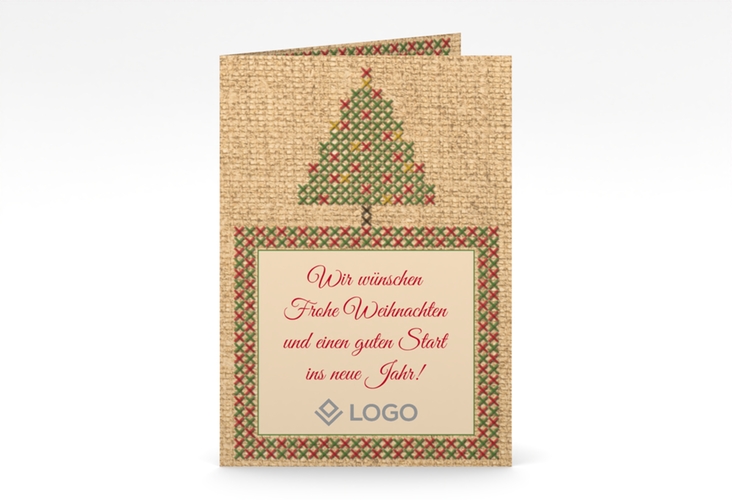 Geschäftliche Weihnachtskarte Stickerei A6 Klappkarte hoch rot in Jute-Optik mit aufgesticktem Christbaum