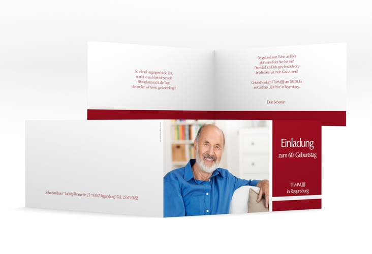 Einladung 60. Geburtstag Gerd/Gerda lange Klappkarte quer rot mit Foto
