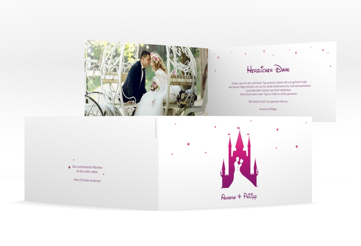 Danksagungskarte Hochzeit Castle lange Klappkarte quer pink hochglanz