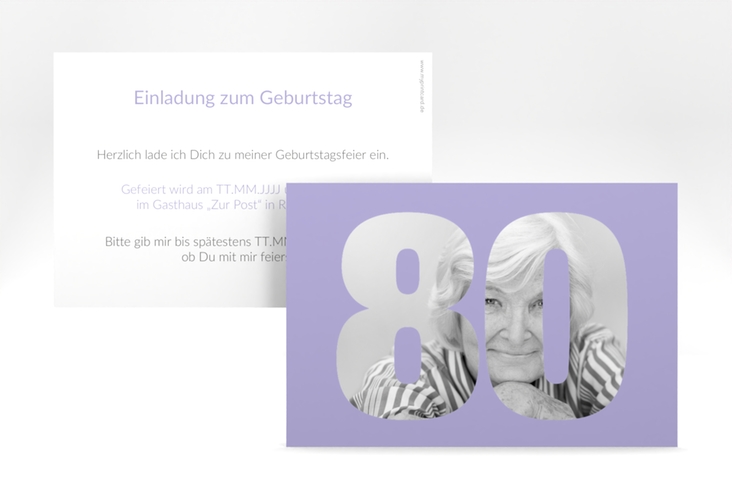 Einladung 80. Geburtstag Numbers A6 Karte quer flieder
