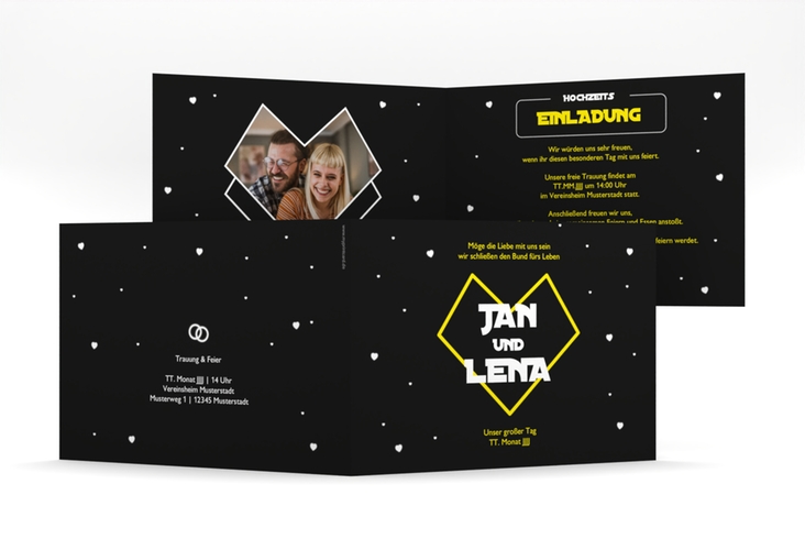 Hochzeitseinladung Starlove mittlere Klappkarte quer mit Sci-Fi-Universum