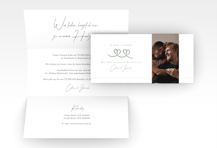 Hochzeitseinladung Doppelherz Schleife Wickelfalzkarte + Banderole gruen