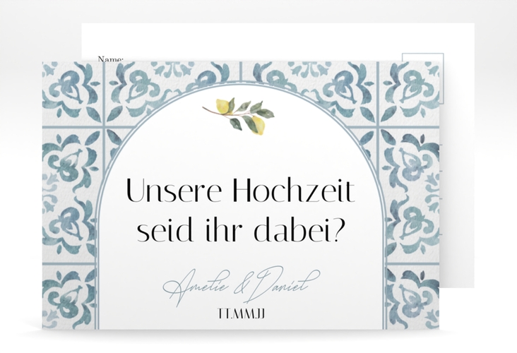 Antwortkarte Hochzeit Azulejo A6 Postkarte blau mit mediterranem Azulejo-Muster und Zitronen