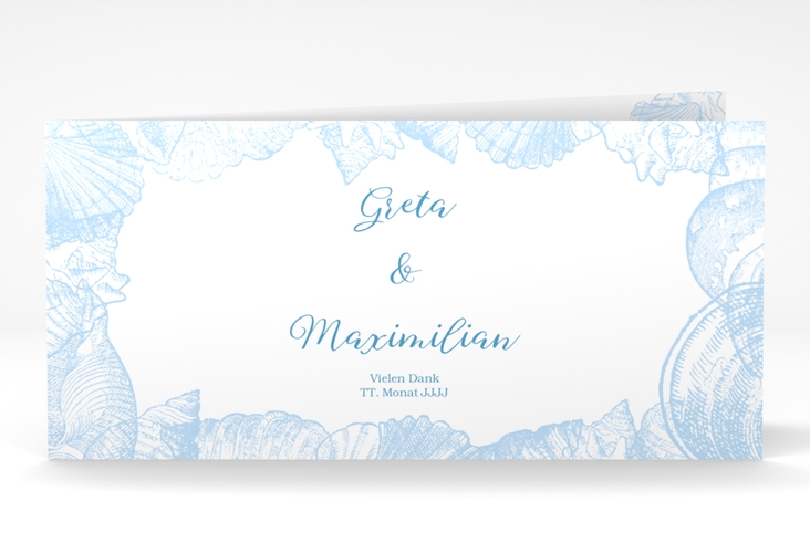Dankeskarte Hochzeit Muschelreich lange Klappkarte quer blau hochglanz