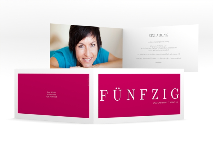 Einladung 50. Geburtstag Schlicht lange Klappkarte quer pink