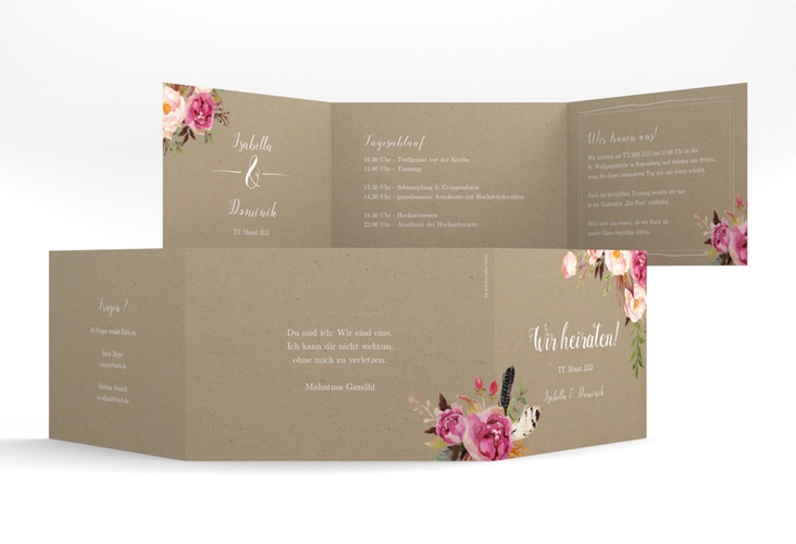 Hochzeitseinladung Flowers A6 Doppel-Klappkarte Kraftpapier hochglanz mit bunten Aquarell-Blumen