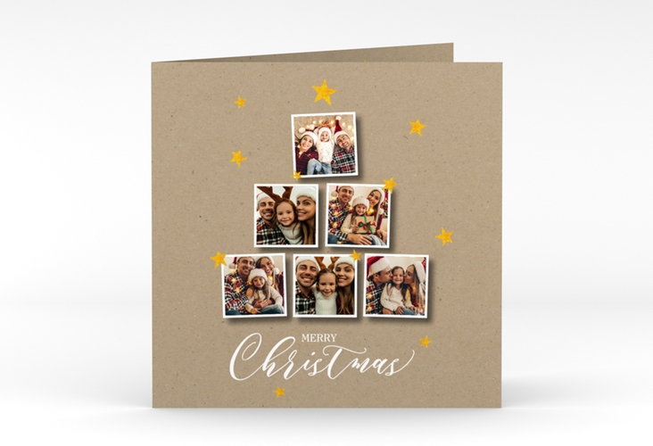 Weihnachtskarte Goldsterne quadr. Klappkarte Kraftpapier mit sechs Fotos