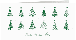 Klick: Details zu Geschäftliche Weihnachtskarte "Weihnachtshain" anzeigen Geschäftliche Weihnachtskarte Weihnachtshain lange Klappkarte quer weiss mit gezeichneten Tannenbäumen