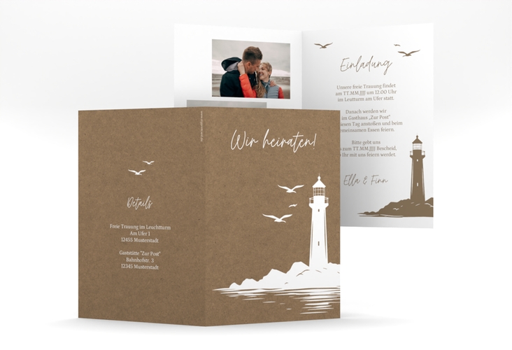 Einladungskarte Hochzeit Leuchtturm A6 Klappkarte hoch Kraftpapier