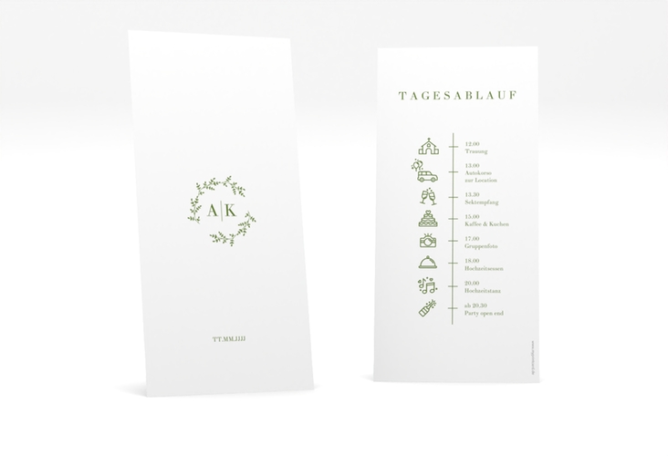 Tagesablauf Hochzeit Filigrana lange Karte hoch gruen in reduziertem Design mit Initialen und zartem Blätterkranz