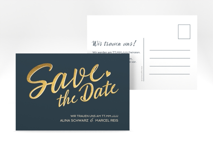 Save the Date-Postkarte Glam A6 Postkarte blau hochglanz