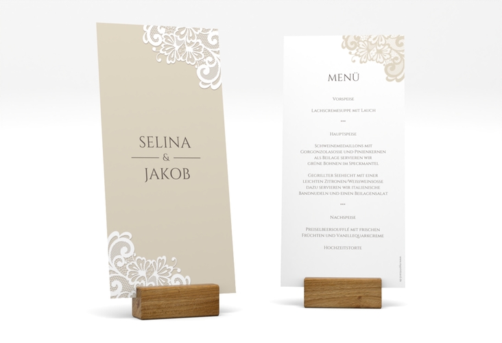 Menükarte Hochzeit Vintage lange Karte hoch beige mit floraler Spitze