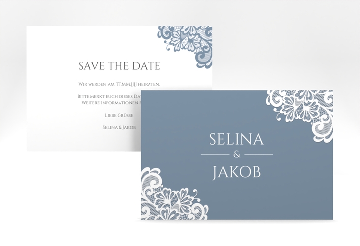 Save the Date-Karte Vintage A6 Karte quer blau hochglanz mit floraler Spitze