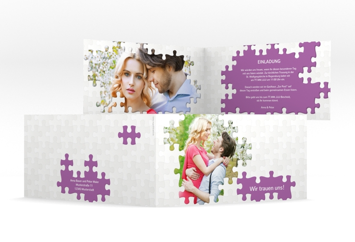 Hochzeitseinladung Puzzle lange Klappkarte quer lila