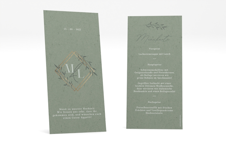 Menükarte Hochzeit Greenletter lange Karte hoch hochglanz mit Initialen in elegantem Goldrahmen mit Blättern