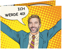 Einladung 40. Geburtstag Popart Man A6 Klappkarte quer gelb