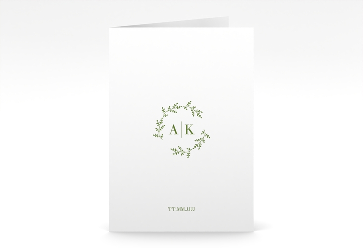 Einladungskarte Hochzeit Filigrana A6 Klappkarte hoch gruen in reduziertem Design mit Initialen und zartem Blätterkranz