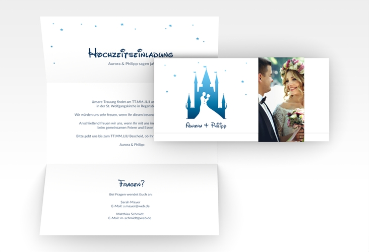 Hochzeitseinladung Castle Wickelfalzkarte + Banderole blau