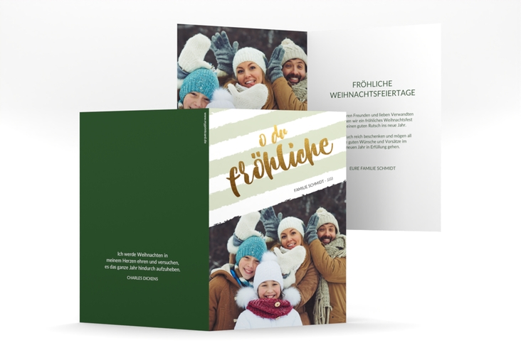Weihnachtskarte Weihnachtslied A6 Klappkarte hoch gruen gestreift mit Familienfoto