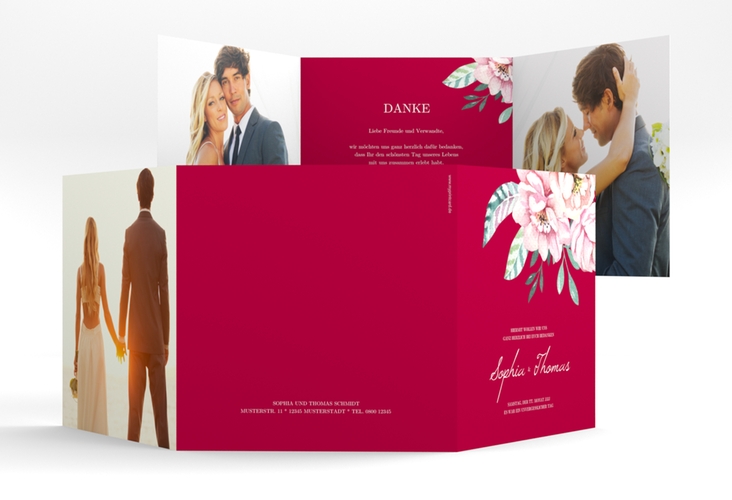 Dankeskarte Hochzeit "Blooming" quadr. Doppel-Klappkarte rot hochglanz