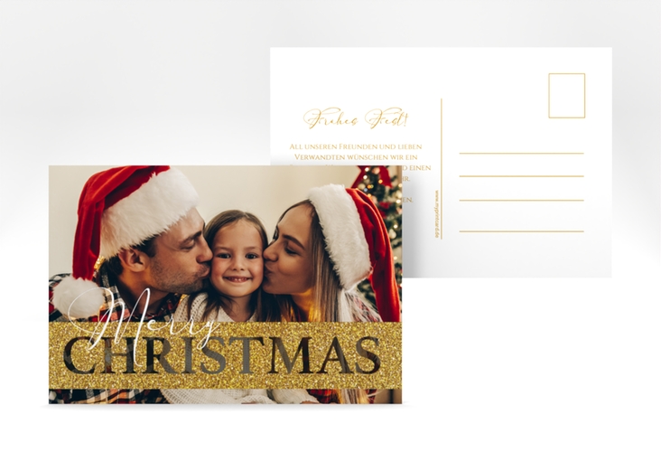 Weihnachtskarte Goldschimmer A6 Postkarte gold mit Foto und Glitter-Optik