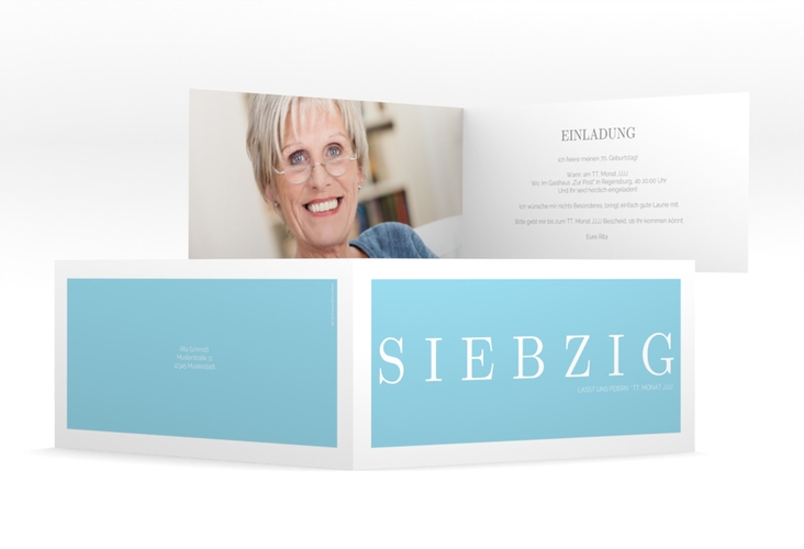 Einladung 70. Geburtstag Schlicht lange Klappkarte quer tuerkis