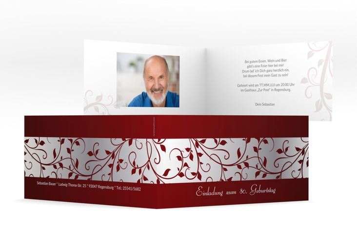 Einladung 80. Geburtstag Hermann/Hermine lange Klappkarte quer rot