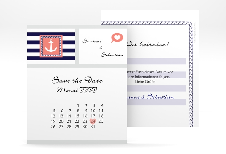 Save the Date-Kalenderblatt Girona Kalenderblatt-Karte mit maritimen Streifen und Anker