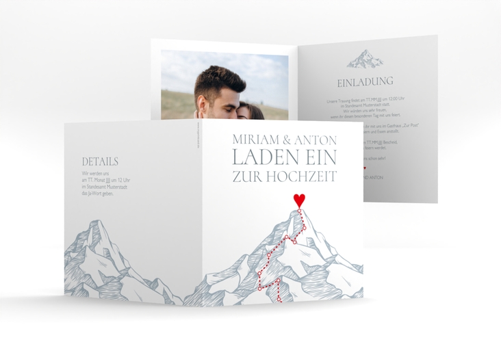 Hochzeitseinladung Berge quadr. Klappkarte blau