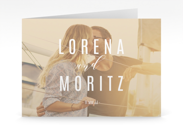 Hochzeitseinladung Memory mittlere Klappkarte quer beige hochglanz