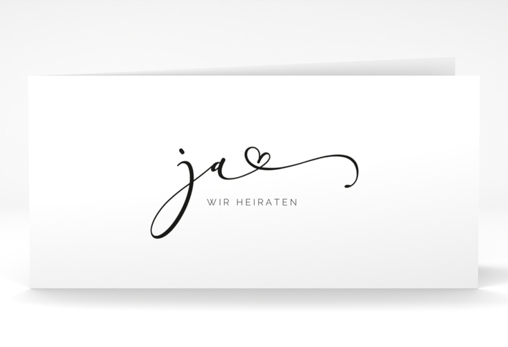 Hochzeitseinladung Jawort lange Klappkarte quer weiss hochglanz modern minimalistisch mit veredelter Aufschrift