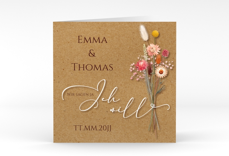 Hochzeitseinladung Flowerbunch quadr. Klappkarte Kraftpapier hochglanz mit Blumenstrauß aus Strohblumen