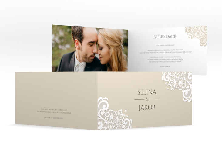 Dankeskarte Hochzeit Vintage lange Klappkarte quer mit floraler Spitze