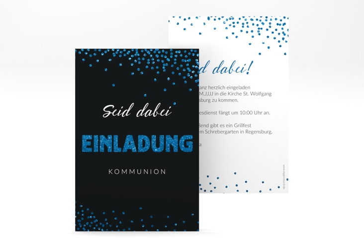 Kommunionseinladung Glittery A6 Karte hoch blau