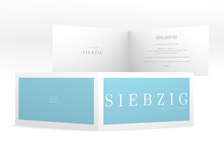 Einladung 70. Geburtstag Schlicht lange Klappkarte quer tuerkis hochglanz