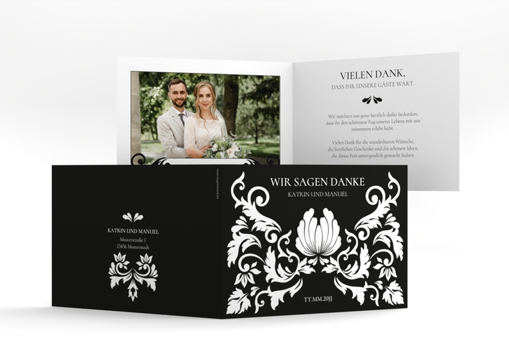 Danksagungskarte Hochzeit Royal A6 Klappkarte quer schwarz hochglanz mit barockem Blumen-Ornament