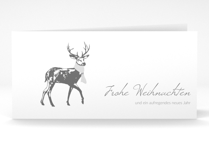 Geschäftliche Weihnachtskarte Hirsch lange Klappkarte quer weiss mit Hirsch mit Schal