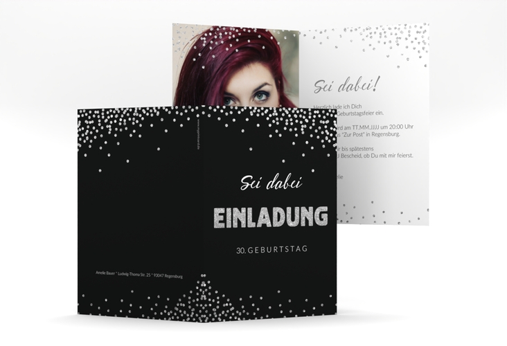 Einladung Geburtstag Glitzer A6 Klappkarte hoch grau
