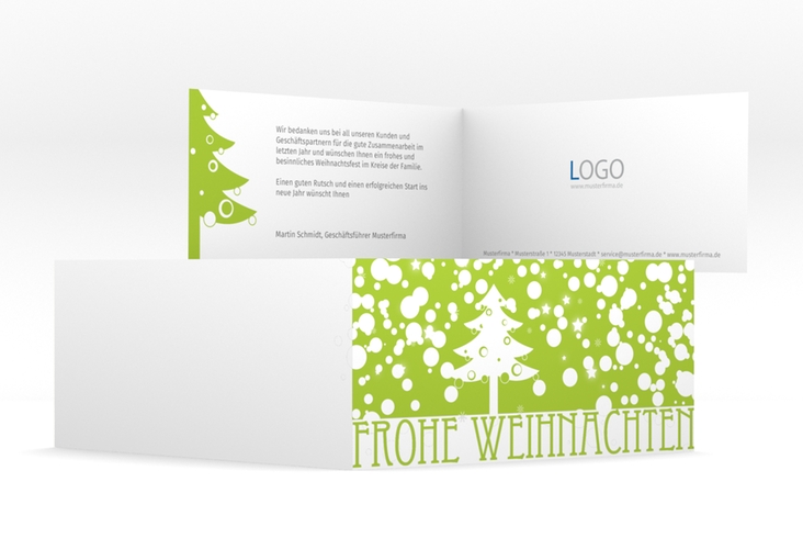 Business-Weihnachtskarte Schneeweiss lange Klappkarte quer gruen hochglanz mit Art Déco Schriftzug und Winterlandschaft