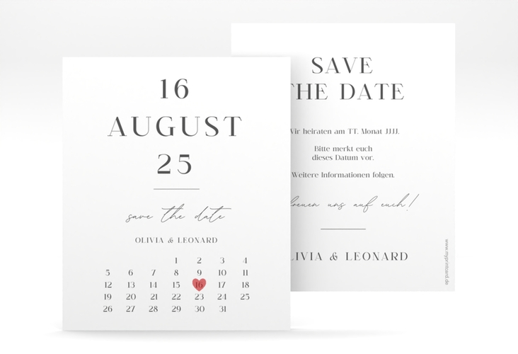 Save the Date-Kalenderblatt Authentisch Kalenderblatt-Karte weiss in schlichtem Design mit großem Hochzeitsdatum