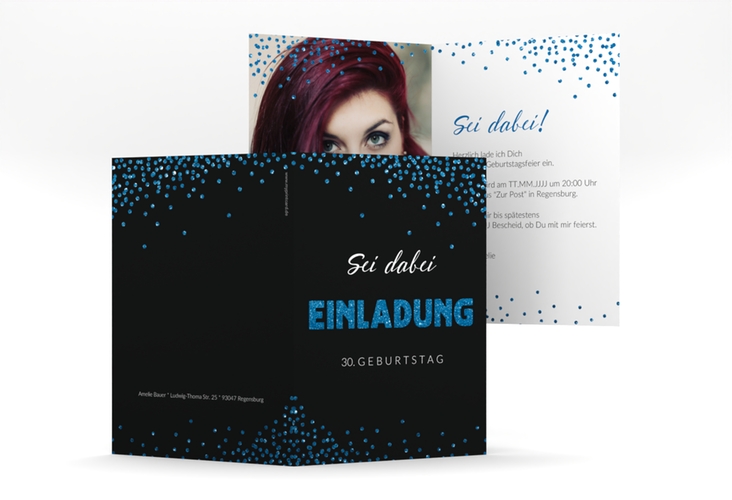 Einladung Geburtstag Glitzer A6 Klappkarte hoch blau